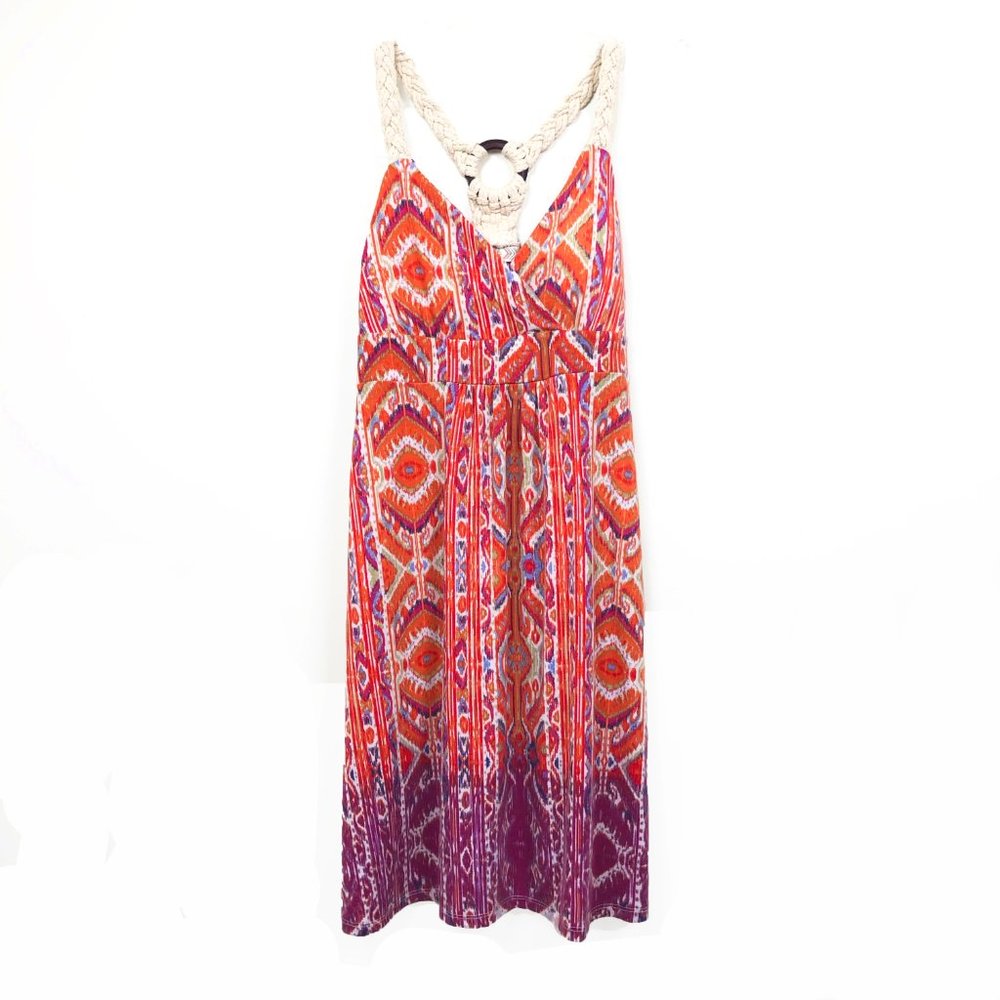 Pink Rose Ombre Ikat w/ Macrame Strap V-Neck Dress